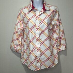 Chico’s Women's Blouse Shirt Size Med 8 (1) Plaid Striped Pink No-Iron Stretch